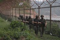 South Korean Marines patrol on Yeonpyeong Island, South Korea, Tuesday, June 16, 2020. North Korea blew up an inter-Korean liaison office building just north of the heavily armed border with South Korea on Tuesday in a carefully choreographed display of anger that sharply raises tensions on the Korean Peninsula and puts pressure on Washington and Seoul amid deadlocked nuclear diplomacy. (Kim In-chul/Yonhap via AP)