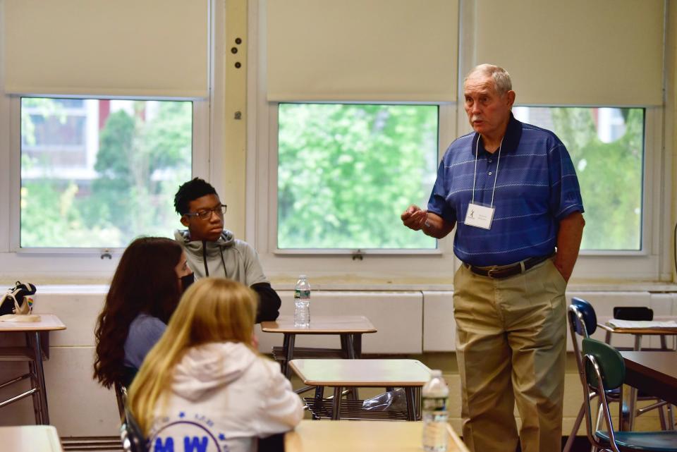 Richard Williams, Oklahoma City bomb survivor, speaks to seventh graders during the Living Lessons: Voices, Visions and Values at Robert Lazar Middle School, Thursday on 05/19/22.