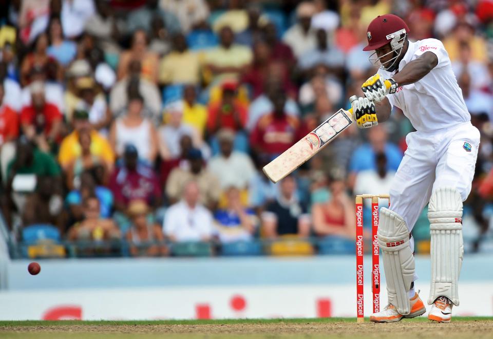 West Indies cricketer Kirk Edwards plays a shot during the first day of the first-of-three Test matches between Australia and West Indies at the Kensington Oval stadium in Bridgetown on April 7, 2012. West Indies have scored 60/1 at lunch. AFP PHOTO/Jewel Samad (Photo credit should read JEWEL SAMAD/AFP/Getty Images)