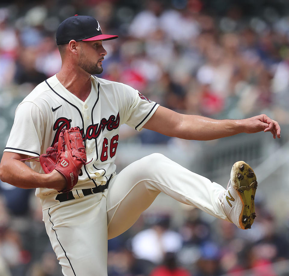 Atlanta Braves starting pitcher Kyle Muller delivers a pitch against the San Diego Padres during the first inning in the first game of a baseball doubleheader Wednesday, July 21, 2021, in Atlanta. (Curtis Compton/Atlanta Journal-Constitution via AP)