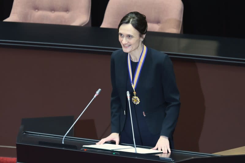 <cite>2023年10月24日，立陶宛國會議長希米利特（Viktorija Čmilytė-Nielsen）至立法院演講。（柯承惠攝）</cite>