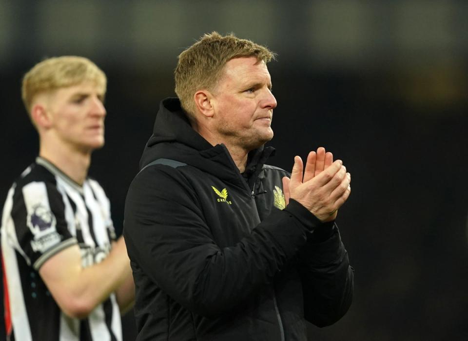 Eddie Howe salutes the Newcastle fans after full-time (PA)