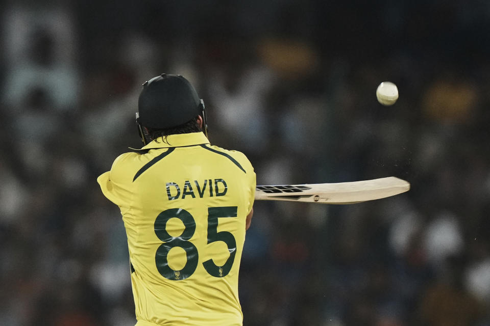 Australia's Tim David plays a shot during the third T20 cricket match between India and Australia, in Hyderabad, India, Sunday, Sept. 25, 2022. (AP Photo/Mahesh Kumar A)