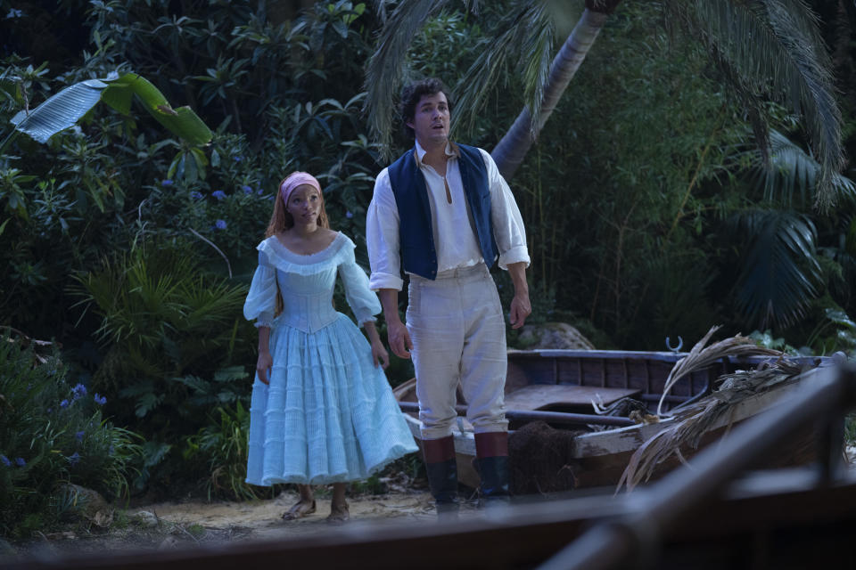 (L-R): Halle Bailey as Ariel and Jonah Hauer-King as Prince Eric in The Little Mermaid. (Disney)
