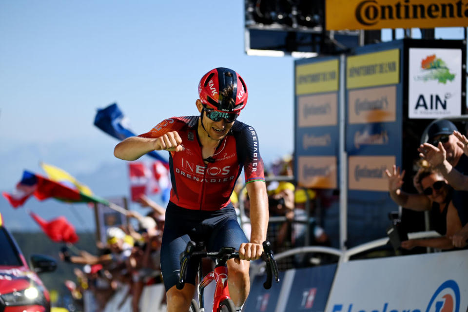 GRAND COLOMBIER FRANCE  JULY 14 Michal Kwiatkowski of Poland and Team INEOS Grenadiers celebrates at finish line as stage winner during the stage thirteen of the 110th Tour de France 2023 a 1378km stage from ChtillonSurChalaronne to Grand Colombier 1501m  UCIWT  on July 14 2023 in Grand Colombier France Photo by Tim de WaeleGetty Images