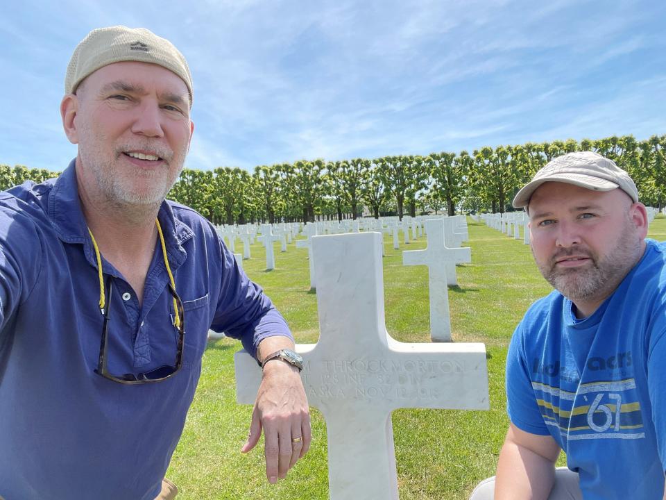 Jo Throckmorton and Kaleb Throckmorton at Meuse Argonne Cemetery in France while filming in 2022.