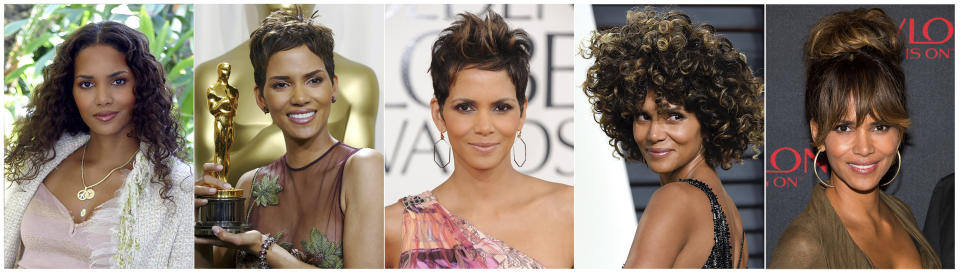 This combination of photos shows actress Halle Berry in Los Angeles in 2004, from left, holding her Oscar Award for best actress for "Monster's Ball' at the Academt Awards in Los Angeles on March 24, 2002, at the 70th Annual Golden Globe Awards in beverly Hills, Calif., on Jan. 13, 2013, at the Vanity Fair Oscar Party in Beverly Hills, Calif., on Feb. 27, 2017 and at the "Revlon Love Is On Million Dollar Challenge" celebration in New York on Nov. 18, 2015. Berry exploded on the Hollywood scene in the 1990s with a short, pixie hairstyle that others copied. She says she didn’t set out to start a trend. Short hair was easy to maintain. (AP Photo)