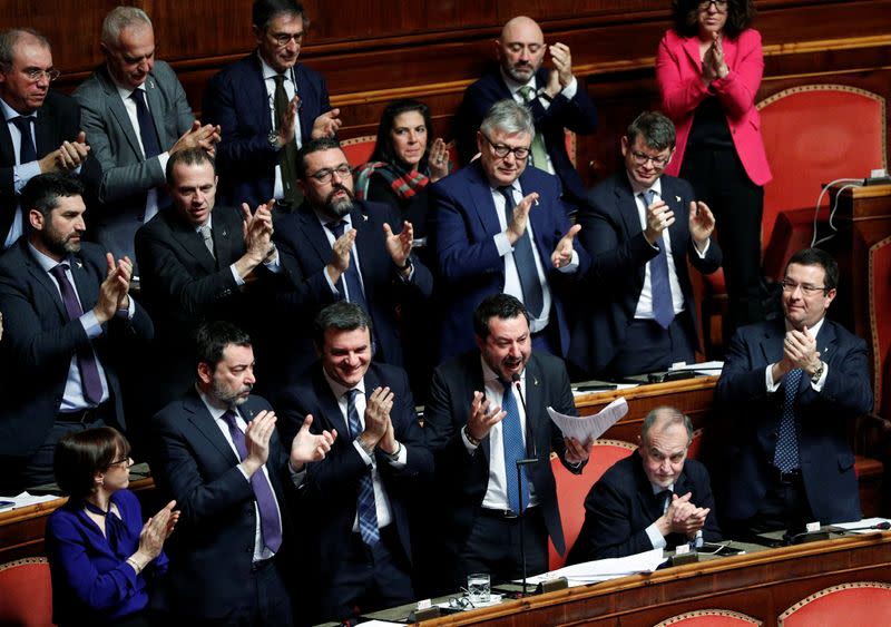 Leader of Italy's far-right party Matteo Salvini is applauded as he speaks at the Senate ahead of a vote on whether to pursue an investigation against him that could give rise to a trial for alleged kidnapping of migrants, in Rome