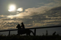 Horses train ahead of the Belmont Stakes horse race, Friday, June 9, 2023, at Belmont Park in Elmont, N.Y. (AP Photo/John Minchillo)