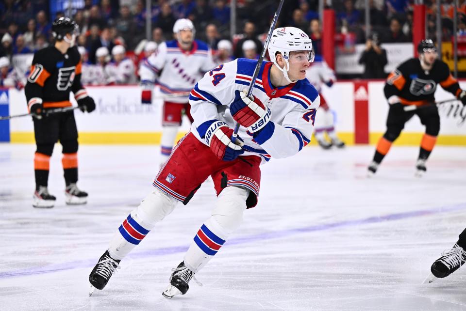 Nov 24, 2023; Philadelphia, Pennsylvania, USA; New York Rangers right wing Kaapo Kakko (24) in action against the Philadelphia Flyers in the first period at Wells Fargo Center.