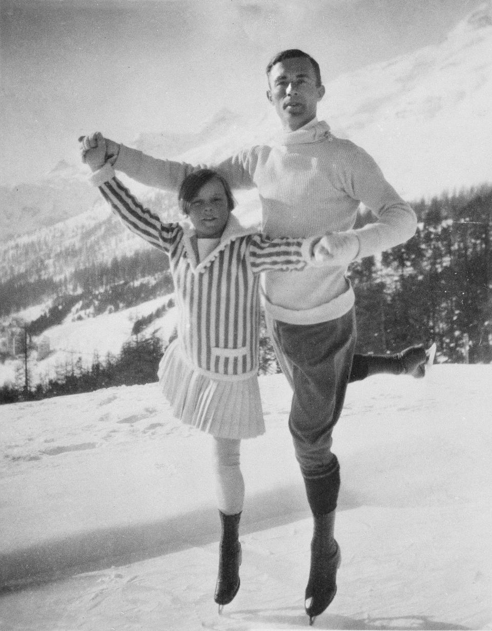 Eleven-year-old Sonja Henie, left, and world champion skater Gilles Grafstrom, are shown on ice skates at the Olympic Games in Chamonix, France, in 1924. Henie won gold in the 1928, 1932, and 1936 Winter Olympic Games. Henie was the youngest competitor in the Chamonix games, competing in the ladies' figure skating competition, where she came 8th.