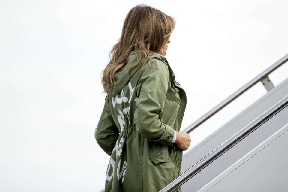 First lady Melania Trump boards a plane at Andrews Air Force Base, Md., Thursday, June 21, 2018, to travel to Texas. (AP Photo/Andrew Harnik)