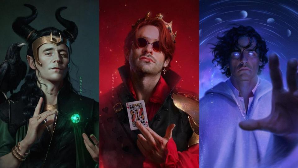 MCU Marvel Characters as Disney villains and heroes, including Loki as Maleficent, Moon Knight as Bruno, and Daredevil as Queen of Hearts