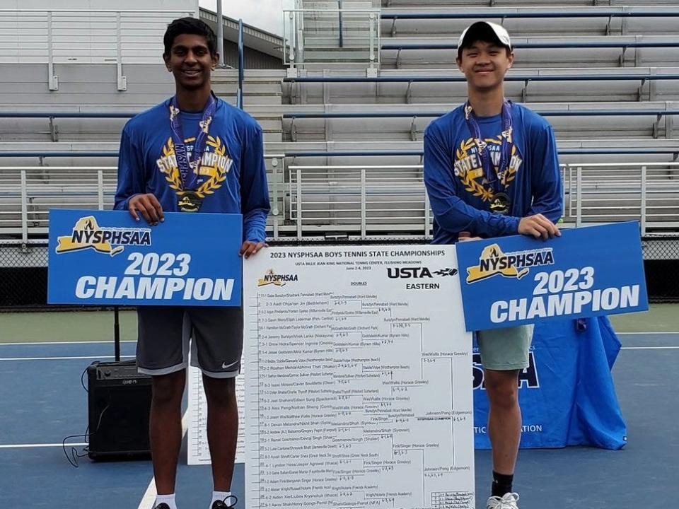 Edgemont's Eli Johnson (left) and Nick Peng (right) became the Panthers' first boys tennis doubles state champions on Sunday, when they defeated Horace Greeley's Jason Wei and Matt Wallis, 6-3, 6-4, at the USTA Billie Jean King National Tennis Center in Queens on June 4, 2023.