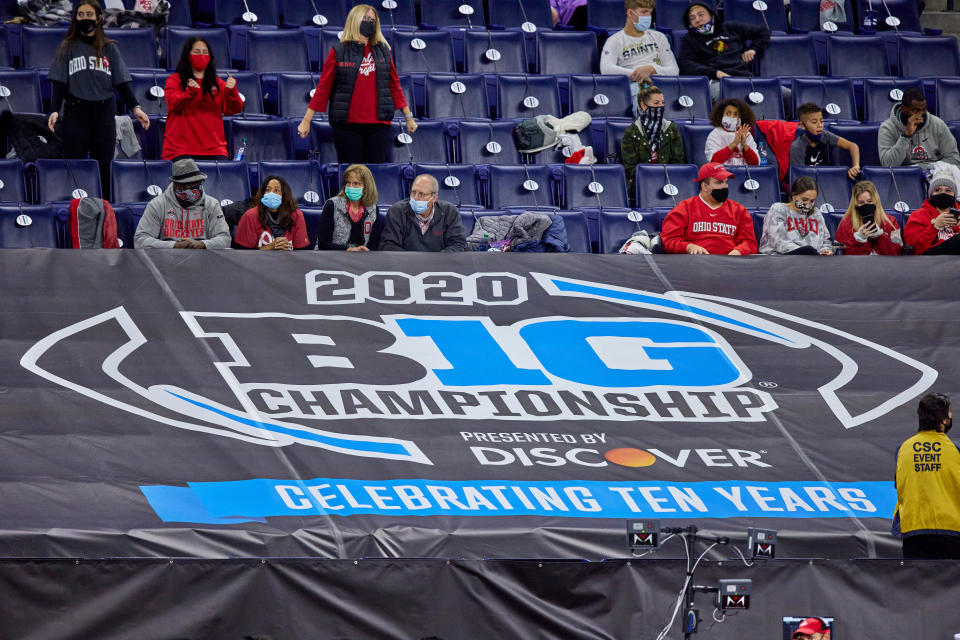 INDIANAPOLIS, IN - DECEMBER 19: A detail view of the 2020 Big Ten Championship logo is seen on a banner in action during the Big Ten Championship game between the Ohio State Buckeyes and the Northwestern Wildcats on December 19, 2020 at Lucas Oil stadium, in Indianapolis, IN. (Photo by Robin Alam/Icon Sportswire via Getty Images)