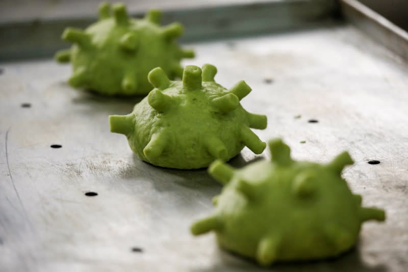 Burgers shaped as coronavirus are seen at a restaurant in Hanoi