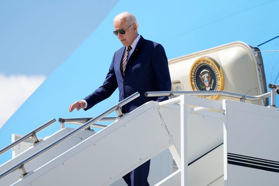 President Joe Biden arrives on Air Force One at Milwaukee International Airport Air National Guard Base in Milwaukee, Tuesday, Aug. 15, 2023. (AP Photo/Jacquelyn Martin) ORG XMIT: WIJM603