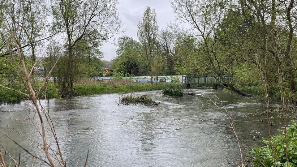 The River Kennet flowing under a green footbridge surrounded by over hanging trees