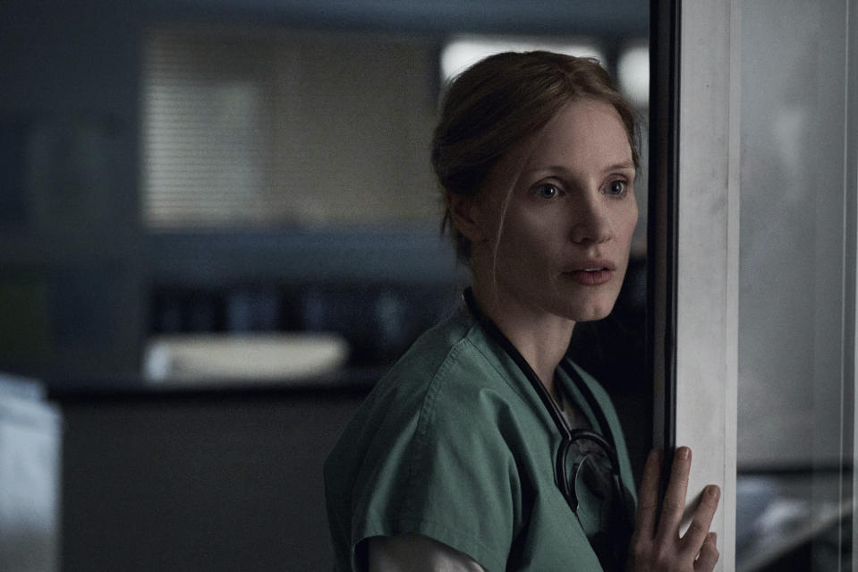 This image released by Netflix shows Jessica Chastain in a scene from "The Good Nurse." (JoJo Whilden/Netflix via AP)