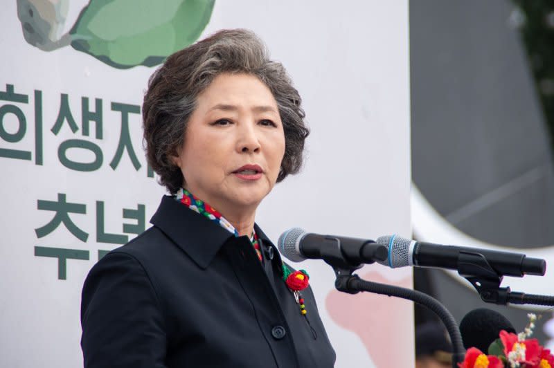 Jeju-born actress Go Du-shim gives a speech during the 76th anniversary of the Jeju 4.3 memorial ceremony at the Jeju 4.3 Peace Park in Jeju City, South Korea, on Wednesday. Photo by Darryl Coote/UPI