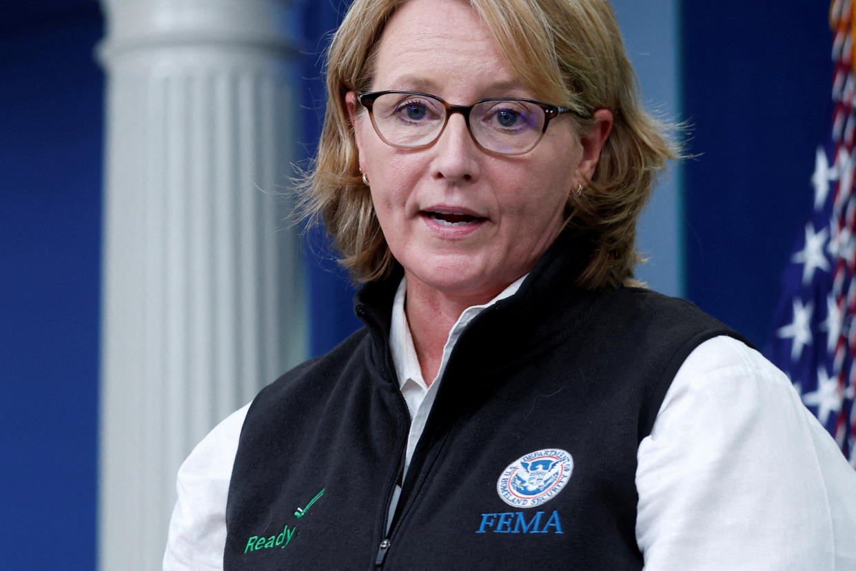 U.S. Federal Emergency Management Agency (FEMA) Administrator Deanne Criswell joins White House Press Secretary Karine Jean-Pierre for the daily press briefing as Hurricane Ian approaches the coast of Florida, at the White House in Washington, U.S. September 27, 2022.  REUTERS/Jonathan Ernst