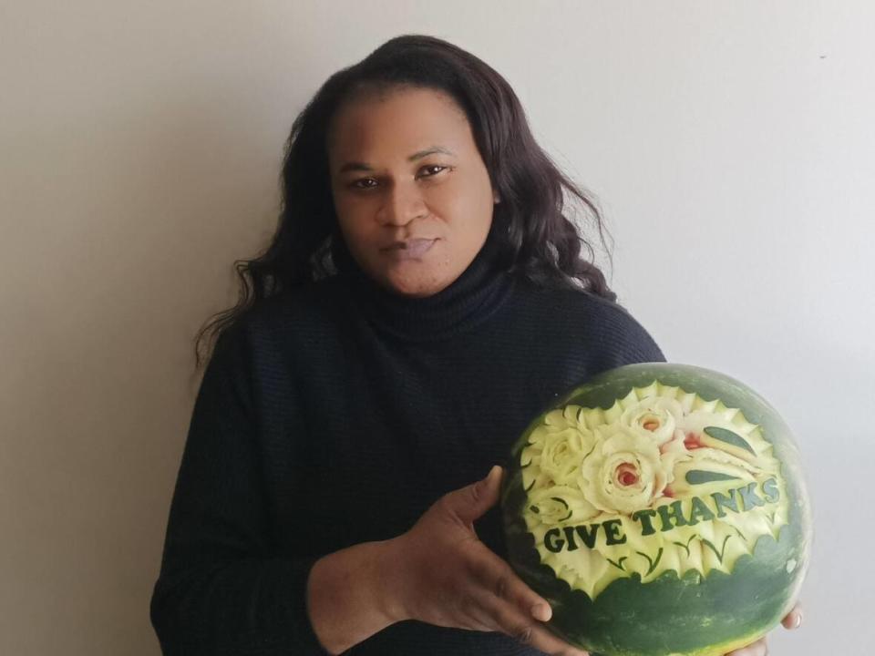 Hilda Shangotola is a fruit carver from Regina.  She hopes to introduce others to the art form through her fruit art school and social media posts.  (Submitted by Hilda Shangotola - photo credit)