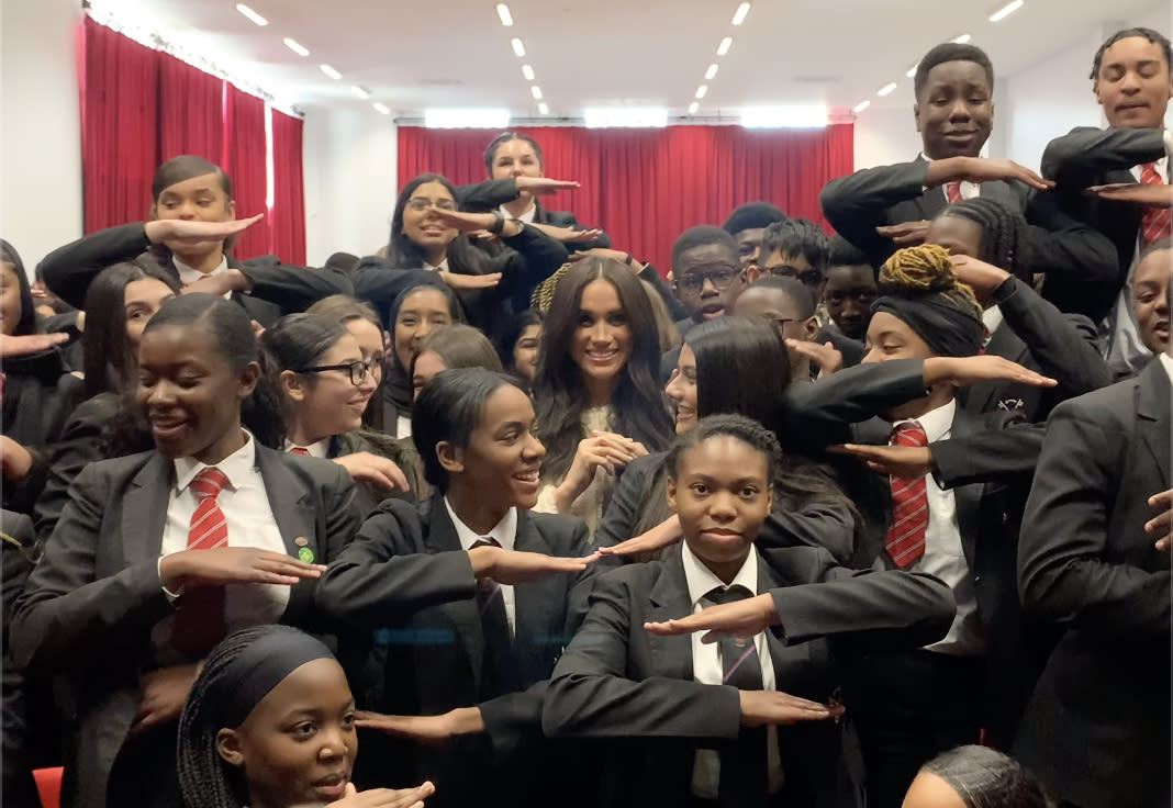 Undated handout photo of the Duchess of Sussex during her surprise visit to the Robert Clack Upper School in Dagenham, Essex, to celebrate International Women's Day.