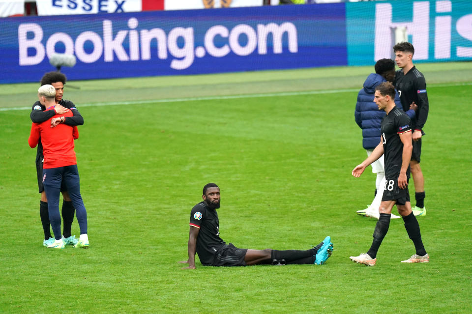 Germany's Antonio Rudiger reacts after defeat after the final whistle during the UEFA Euro 2020 round of 16 match at Wembley Stadium, London. Picture date: Tuesday June 29, 2021.