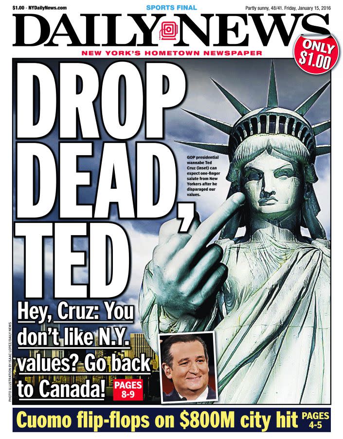 On the front page of the New York Daily News on Jan. 15, 2016. 