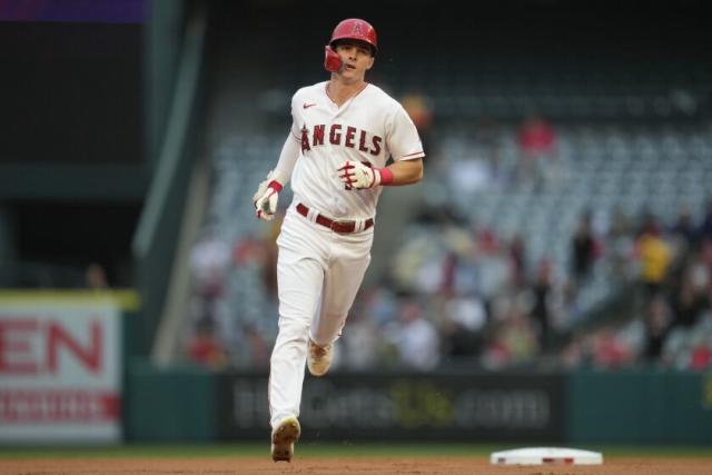 Los Angeles Angels' Mickey Moniak (16) runs the bases after hitting a home run during the first inning of a baseball game against the Boston Red Sox in Anaheim, Calif., Tuesday, May 23, 2023. (AP Photo/Ashley Landis)
