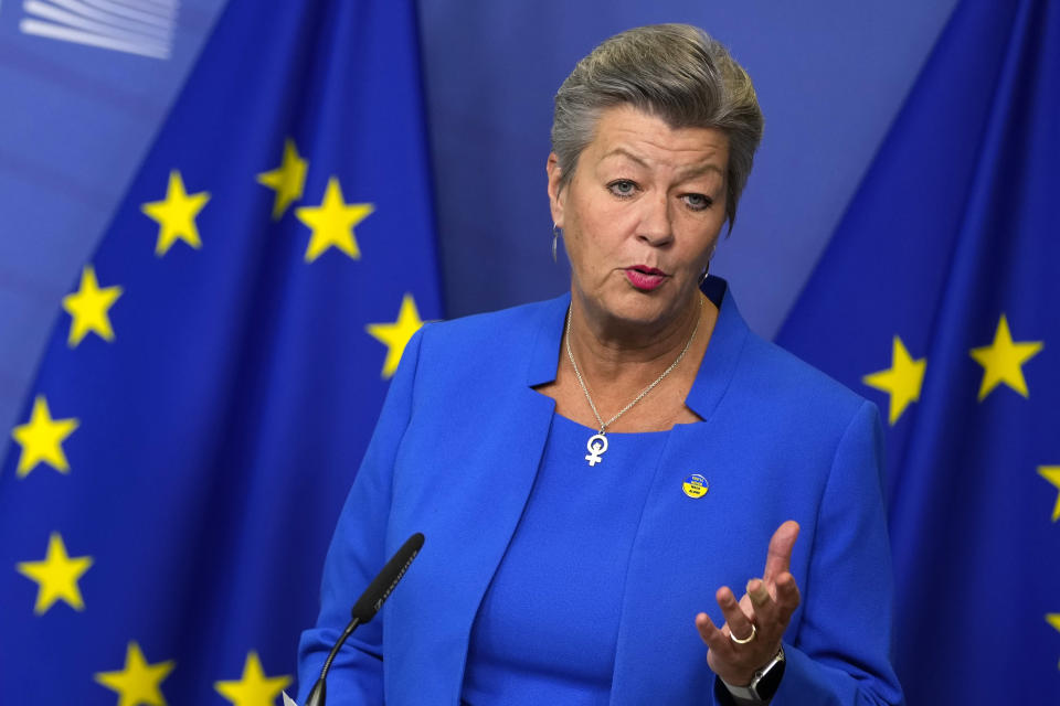 European Commissioner for Home Affairs Ylva Johansson addresses a media conference after a meeting with New Executive Director of the European Border and Coast Guard, FRONTEX, Hans Leijtens at EU headquarters in Brussels, Thursday, Jan. 19, 2023. (AP Photo/Virginia Mayo)