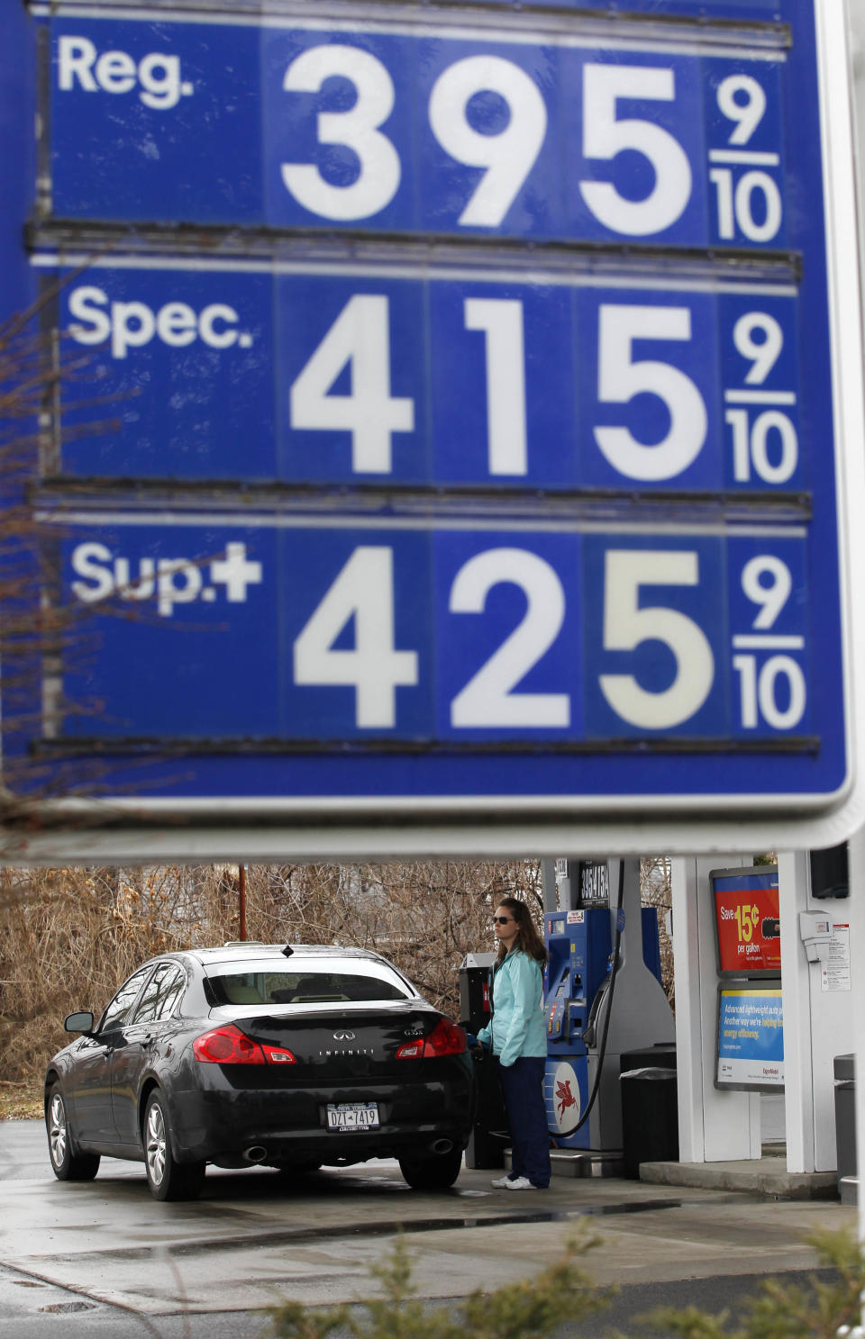 A motorist pumps gas at a Mobile station in Albany, N.Y., on Friday, March 16, 2012. Higher gas prices slow the economy because they force many consumers to cut their spending on other goods, from appliances and furniture to electronics and vacations. (AP Photo/Mike Groll)