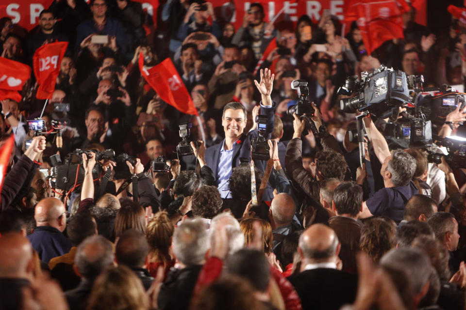 Spain's Prime Minister and Socialist Party candidate Pedro Sanchez waves to supporters during the closing campaign event in Valencia, Spain, Friday April 26, 2019. Appealing to Spain's large pool of undecided voters, top candidates on both the right and left are urging Spaniards to choose wisely and keep the far-right at bay in Sunday's general election. (AP Photo/Alberto Saiz)
