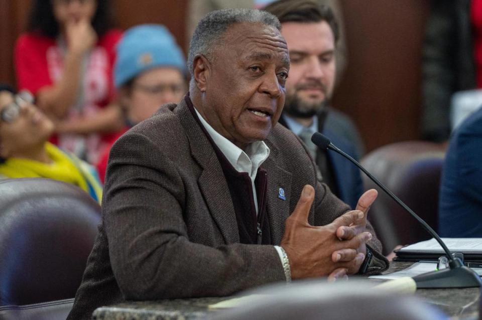 Jackson County Executive Frank White speaks during a Jackson County Legislature meeting at the Jackson County Courthouse on Monday, Jan. 8, 2024, in Kansas City. Jackson County legislators approved a measure to put the question of a sales tax to fund stadium renovations for Arrowhead Stadium and for funding a new stadium for the Royals on the ballot before either team has signed a lease and before the Royals have picked a location for their downtown ballpark.