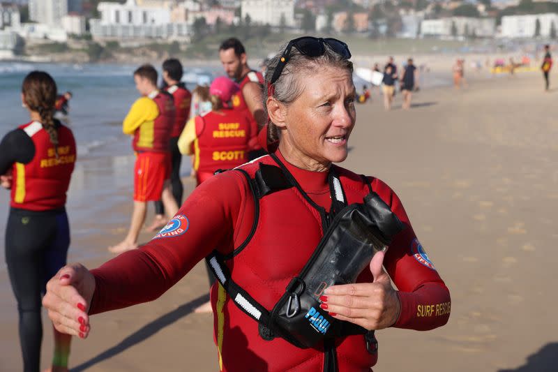 IRB Racing captain Nixy Krite gestures during an interview on Bondi Beach