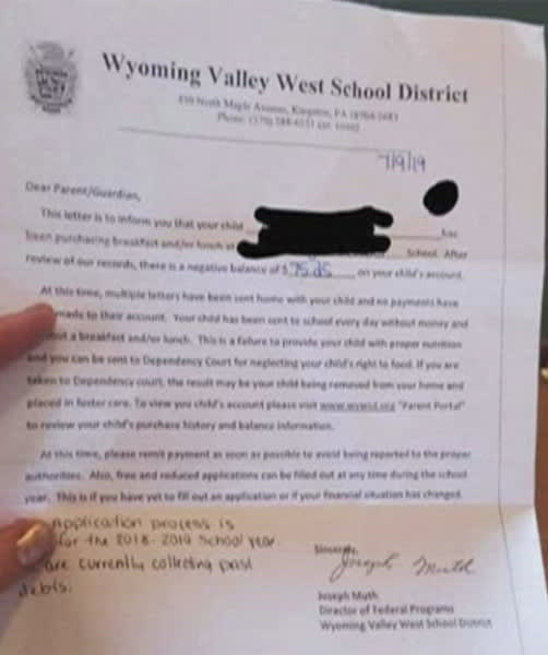 A letter from the Luzerne County school district demanded parents pay delinquent lunch bills for their children or face the risk of having their children placed in foster care.