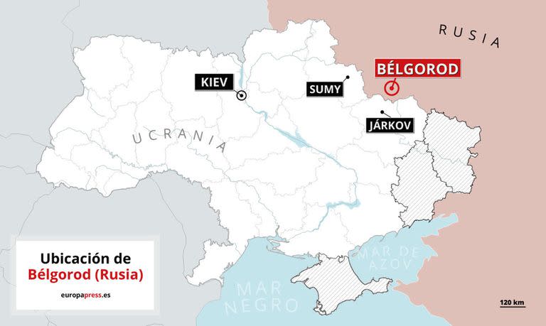 01/04/2022 Mapa con la ubicación de Bélgorod (Rusia). El gobernador regional de la ciudad rusa de Belgorod, Viacheslav Gladkov, ha acusado este viernes al Ejército de Ucrania de atacar un depósito de combustible en la localidad, situada cerca de la frontera entre ambos países, antes de agregar que el suceso se ha saldado sin víctimas