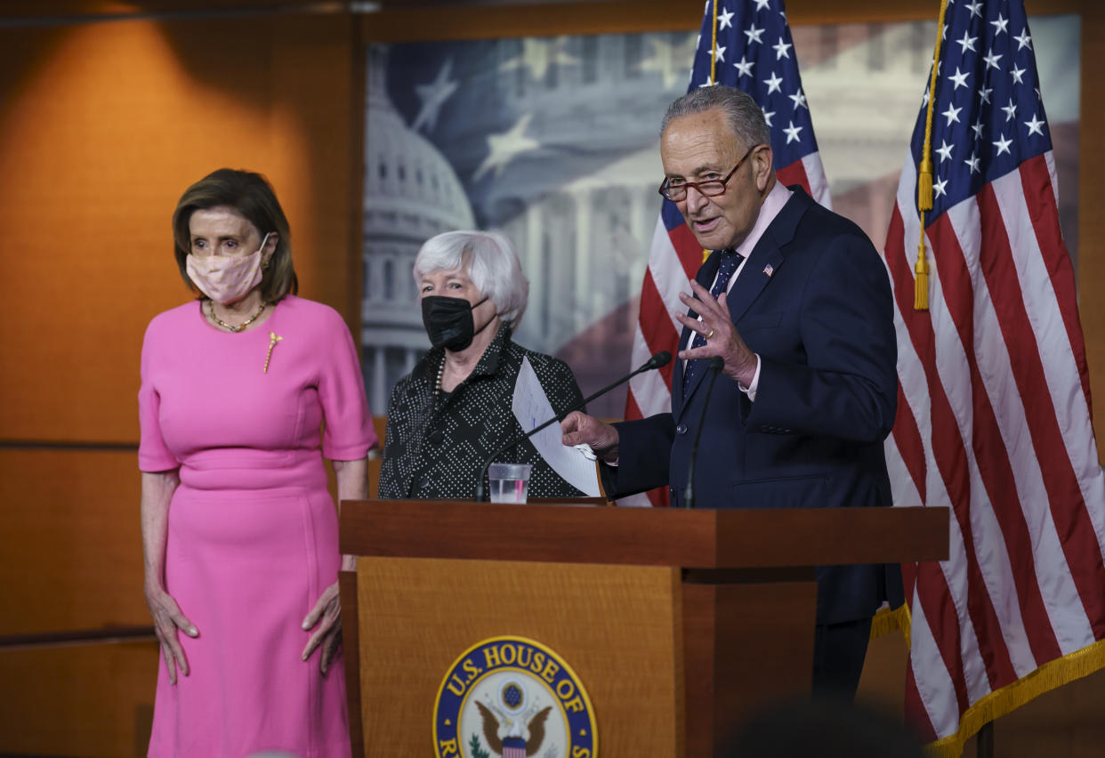 From left, Speaker of the House Nancy Pelosi, D-Calif., Treasury Secretary Janet Yellen and Senate Majority Leader Chuck Schumer, D-N.Y., update reporters on Democratic efforts to pass President Biden's “Build Back Better” agenda, at the Capitol on Thursday. 