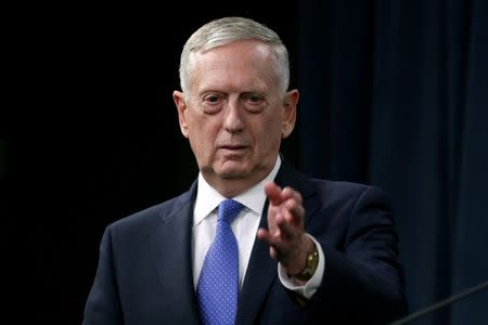 U.S. Defense Secretary James Mattis gestures during a press briefing on the campaign to defeat ISIS at the Pentagon in Washington, U.S., May 19, 2017. REUTERS/Yuri Gripas