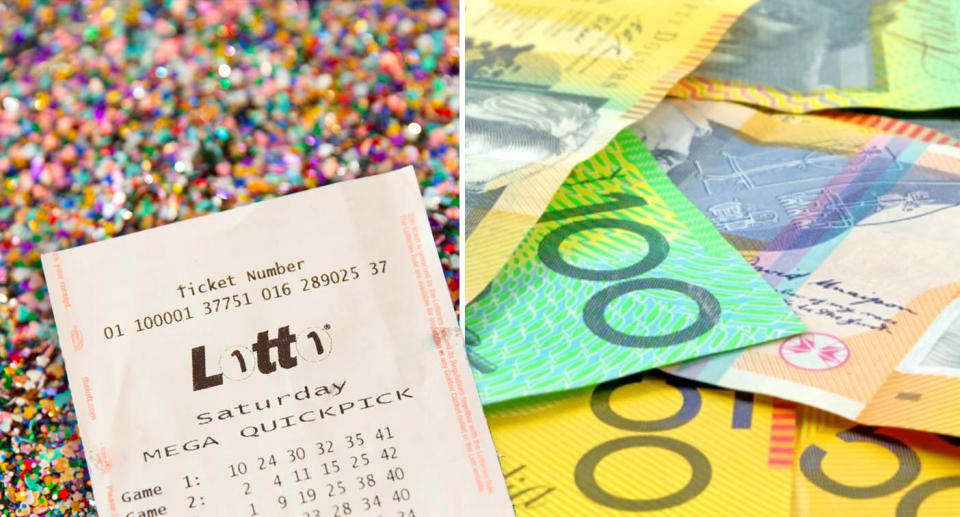 A Saturday Lotto ticket next to a pile of Australian money.