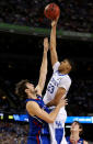 Anthony Davis #23 of the Kentucky Wildcats shoots over Jeff Withey #5 of the Kansas Jayhawks in the second half in the National Championship Game of the 2012 NCAA Division I Men's Basketball Tournament at the Mercedes-Benz Superdome on April 2, 2012 in New Orleans, Louisiana. (Photo by Jeff Gross/Getty Images)