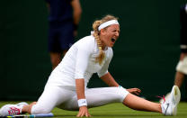 Belarus' Victoria Azarenka slips during her match against Portugal's Maria Joao Koehler during day one of the Wimbledon Championships at The All England Lawn Tennis and Croquet Club, Wimbledon.