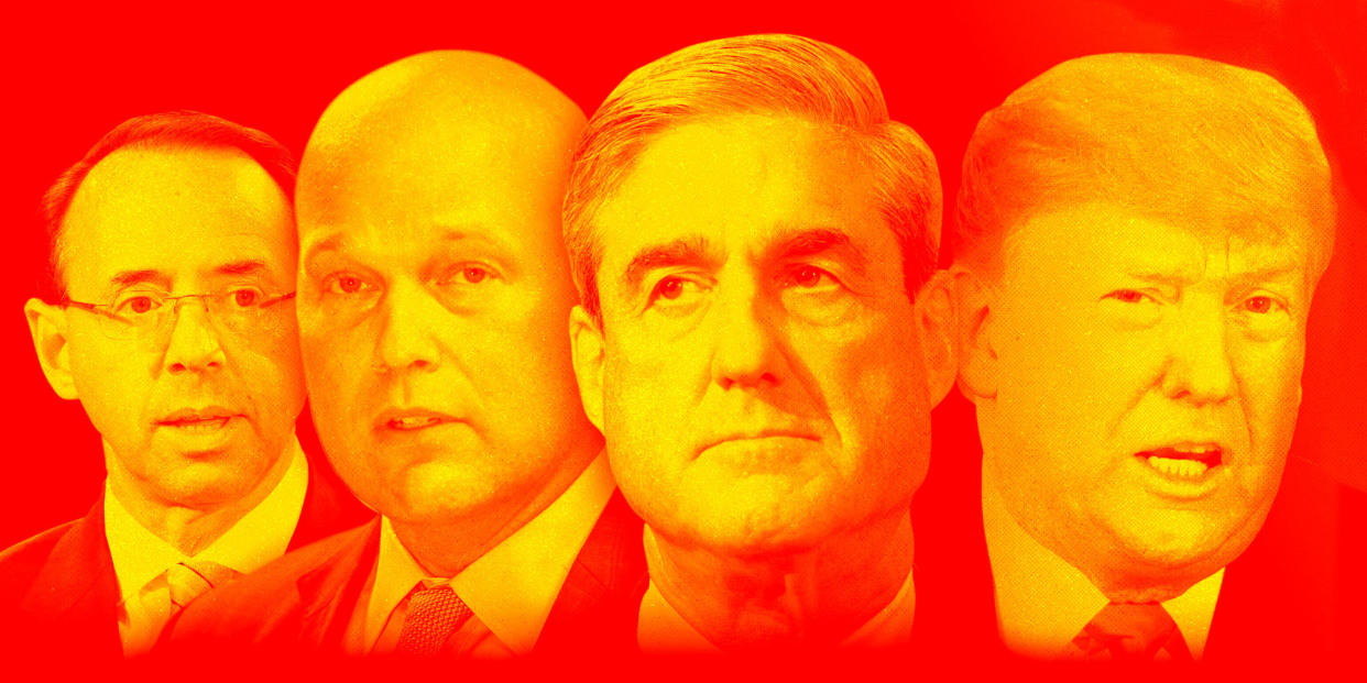 (From left)&nbsp;Deputy Attorney General Rod Rosenstein, acting Attorney General Matt Whitaker, special counsel Robert Mueller and President Donald Trump. (Photo: Photo illustration by Ji Sub Jeong/HuffPost; Photos: Getty Images)