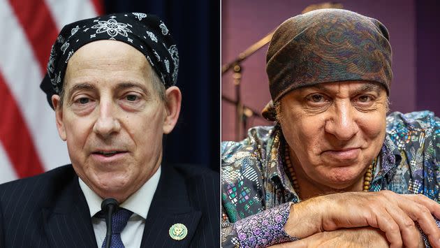 A photo composite of Rep. Jamie Raskin (D-Md.), left, and musician Steven Van Zandt donning bandanas.