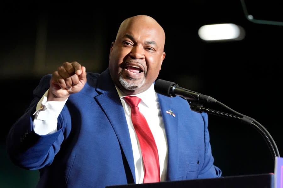 North Carolina Lt. Gov. Mark Robinson speaks before Republican presidential candidate former President Donald Trump at a campaign rally Saturday, March 2, 2024, in Greensboro, N.C. (AP Photo/Chris Carlson)