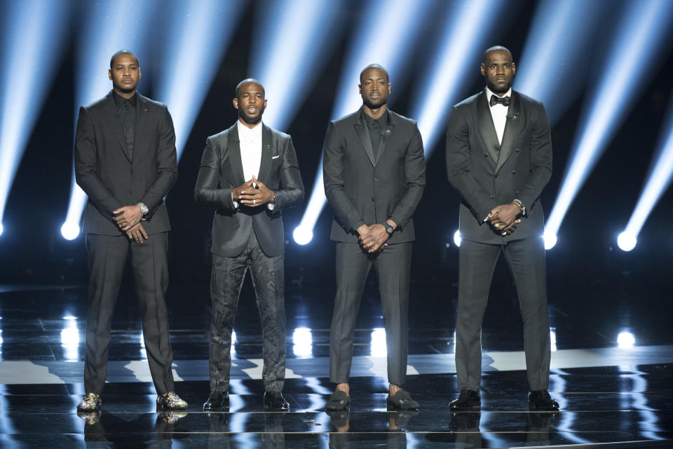 <a href="http://fortune.com/2016/07/14/espys-gun-violence-lebron-james/" target="_blank">During this year&rsquo;s annual ESPY Awards</a>&nbsp;in July, LeBron James, Carmelo Anthony, Chris Paul and Dwyane Wade appeared on stage to encourage their fellow athletes to rebuild American communities divided by racial discrimination, gun violence and police brutality. LeBron said, "We all feel helpless and frustrated by the violence. We do. But that&rsquo;s not acceptable. It&rsquo;s time to look in the mirror and ask ourselves what are we doing to create change&hellip; I know tonight we&rsquo;re honoring Muhammad Ali. The GOAT. But to do his legacy any justice, let&rsquo;s use this moment as a call to action for all professional athletes to educate ourselves. It&rsquo;s for these issues. Speak up. Use our influence. And renounce all violence.&rdquo;