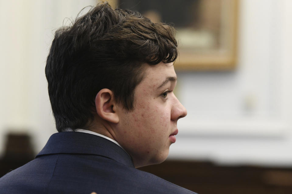 Kyle Rittenhouse, accused of shooting three people during a protest against police brutality in Wisconsin last year, appears for a motion hearing, Tuesday, Oct. 5, 2021, in Kenosha, Wis. (Mark Hertzberg/Pool Photo via AP)