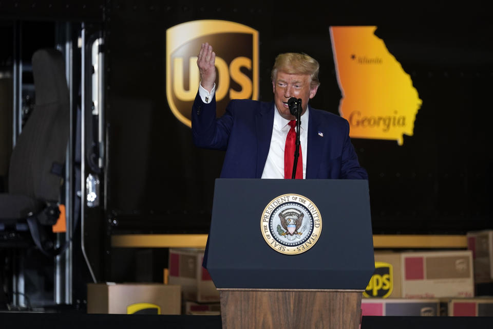 President Donald speaks during an event on American infrastructure at UPS Hapeville Airport Hub, Wednesday, July 15, 2020, in Atlanta. (AP Photo/Evan Vucci)