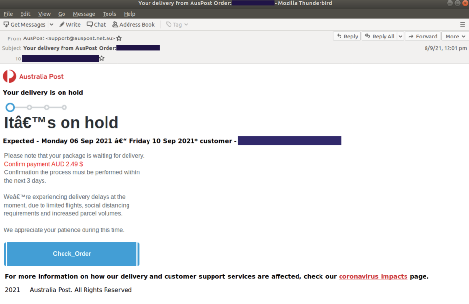 MailGuard screenshot of Australia Post phishing email