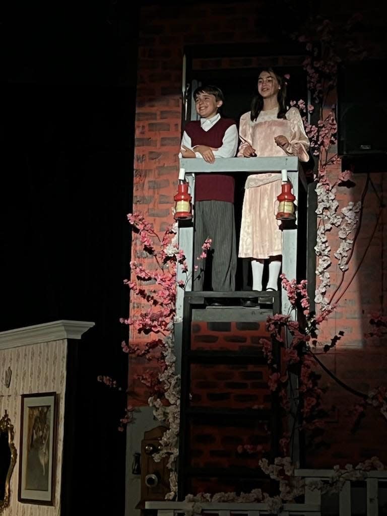 Jack Baumrind, left, plays Michael Banks and Mia Nadeau is sister Jane Banks in the Academy of Performing Arts production of the musical "Mary Poppins."